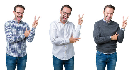 Collage of handsome senior business man over white isolated background smiling with happy face winking at the camera doing victory sign. Number two.