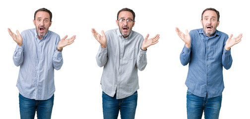 Fototapeta premium Collage of handsome senior business man over white isolated background clueless and confused expression with arms and hands raised. Doubt concept.