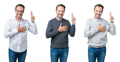 Collage of handsome senior man over white isolated background Swearing with hand on chest and...
