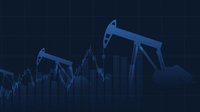 Pan shot of financial stock market with moving up bar chart and Oil pumps on blue color background