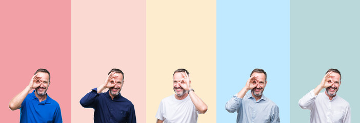 Fototapeta premium Collage of senior hoary handsome man over colorful stripes isolated background doing ok gesture with hand smiling, eye looking through fingers with happy face.