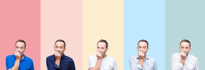 Obraz premium Collage of senior hoary handsome man over colorful stripes isolated background looking stressed and nervous with hands on mouth biting nails. Anxiety problem.