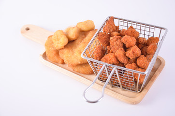 Pop chicken fried on a white background
