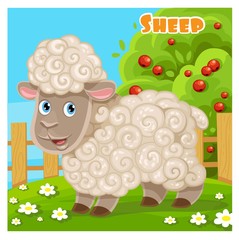 Cute cartoon sheep on a farm background