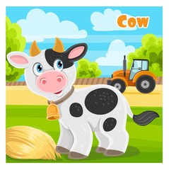Cute cartoon cow on a farm background