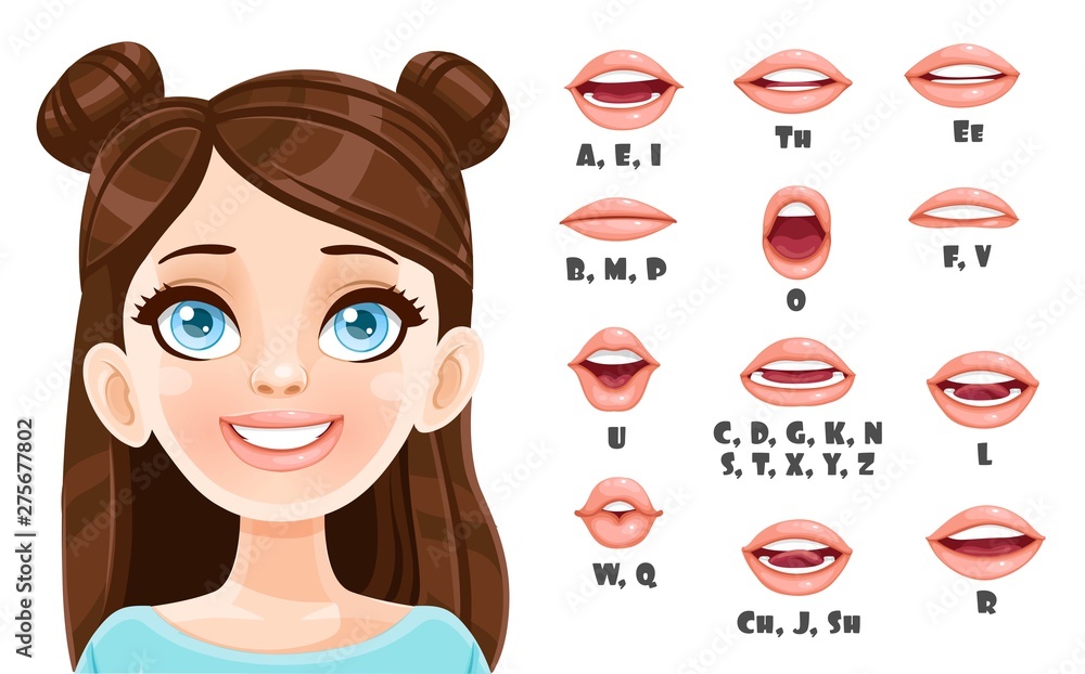 Wall mural Cute brunette girl talking mouth animation. Female character speak mouths expressions