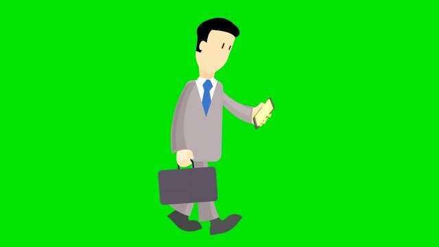 The man goes with the phone.Green background is used.Animated video.