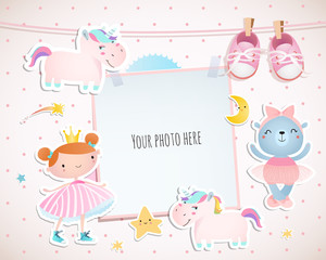 Holiday card design with a little princess, unicorns, booties.