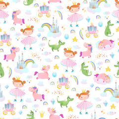 Princesses, dragons and unicorns. Seamless pattern.