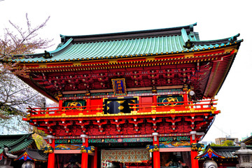 CHIYODA-KU, TOKYO / Japan - Apr.11, 2019 : Two-storied gate of Kanda shrine.