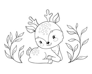 Cute cartoon baby deer. Coloring book page for children.