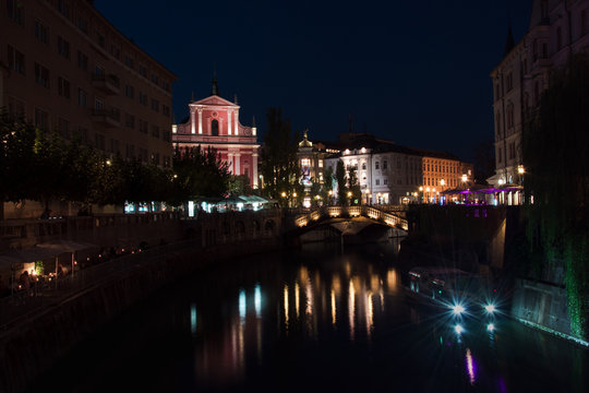 Triple Brigdge In Ljubljana At Night