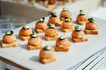 catering services background with snacks on guests table outdoor wedding party