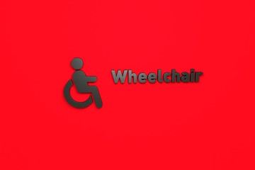 3D illustration of Wheelchair, dark color and dark text with red background.