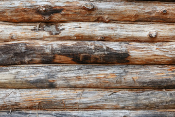 Log cabin wooden facade texture or rustic wood horizontal background. Full screen