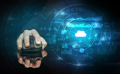 Hand using wireless mouse with cloud technology concept and dark background
