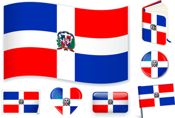 Dominican Republic flag wave, book, circle, pin, button, heart and sticker.