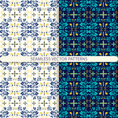 Seamless vector patterns with ornament elements and botanical elements. Children's, kitchen textiles, print for textiles, wallpaper design, turn paper, packaging design.