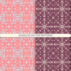 Seamless vector patterns with ornament elements and botanical elements. Children's, kitchen textiles, print for textiles, wallpaper design, turn paper, packaging design.