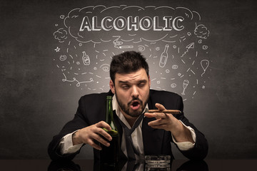 Loser drunk man with drinking, drug, hangover, alcoholic drugs concept
