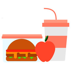 lunchbox with a burger or sandwich with an apple and a glass ofwater or carbonated drink with a tube. Healthy food for a child in the school or meal in the office. Plastic box in a light pink color.