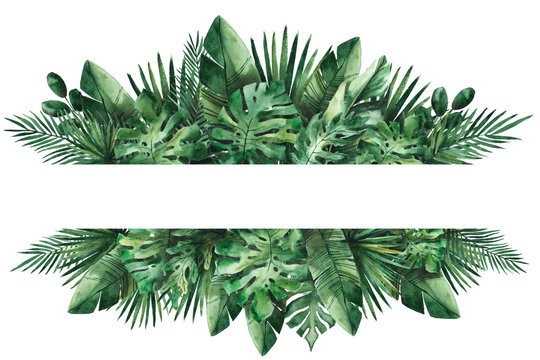 Watercolor banner with tropical leaves. cards, invitations, wedding and summer designs. place for text. mockup of invitation card with leaves of monstera and palm trees