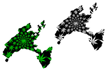 Obraz premium Vaud (Cantons of Switzerland, Swiss cantons, Swiss Confederation) map is designed cannabis leaf green and black, Canton of Vaud map made of marijuana (marihuana,THC) foliage..
