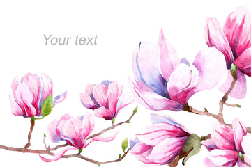 Fototapeta premium floral wedding invitation with magnolia flowers. hand-drawn wreath of pink watercolor Magnolia flowers. Ideal for postcards, posters, printing, for illustrations of the spring. Place for text