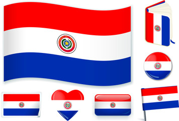 Paraguay flag wave, book, circle, pin, button, heart and sticker.