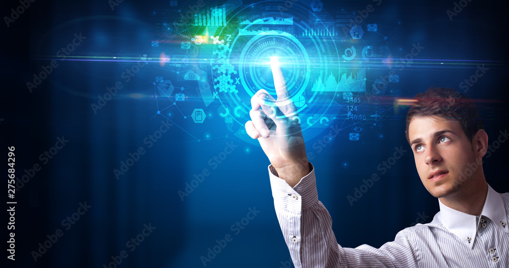 Poster man touching hologram screen displaying medical symbols and charts