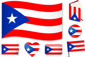 Puerto Rico flag wave, book, circle, pin, button, heart and sticker.