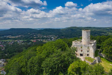 Fototapeta na wymiar Aerial view of Lipowiec castle.. Historic castle Lipowiec and antique building museum. The ruins of the top of the mountain. Summer time.