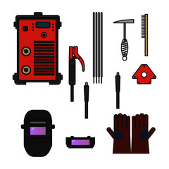 set of vector illustration welding arc equipment machine glove helmet holder hammer for industrial construction and metal working flat design style