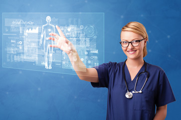 Doctor touching blue screen with full body analyze concept
