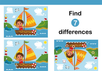 Naklejka premium Find 7 differences education game for children, featuring a little sailor boy on the sailboat. Vector illustration.
