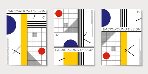 Covers templates set with flat geometric pattern in blue, white, green, yellow and red colors.
