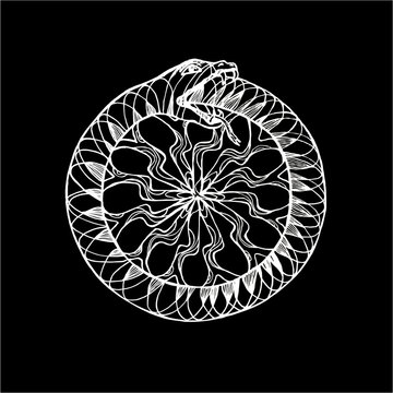 Black and white illustration of a Uroboros snake eating its tail. Pattern, idea for tattoo. Chalk on a blackboard.