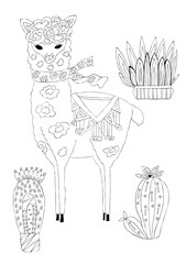 Illustration of a black ink drawing of an animal alpaca among flowers and plants on an isolated white background.