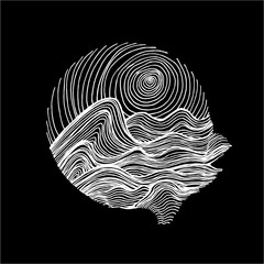 Black white illustration of sea waves and sky in hatching style. Tattoo idea. Chalk on a blackboard.