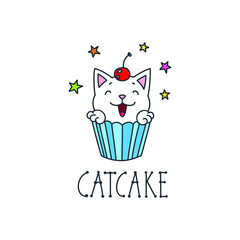 Catcake. Kawaii illustration of a cute cat cupcake. Vector 8 EPS.