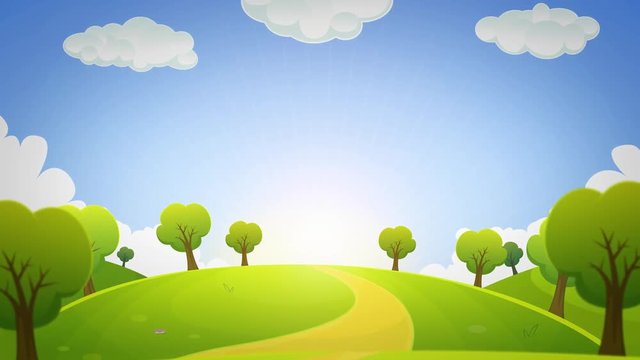 Spring Or Summer Cartoon Landscape Animation Loop/ 4k animation of a cartoon summer or spring season country landscape, with road trail leading towards horizon seamless looping