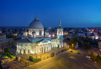 Fototapeta na wymiar Kursk, Russia. Aerial view of Znamensky Cathedral at dusk