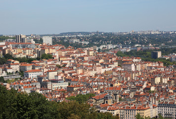 Panoramic view with many houses of Lyon city in France