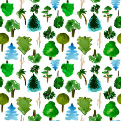 Various trees seamless pattern on white background, hand-drawn watercolor illustration of pine, fir, willow, palm