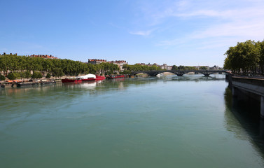 Fototapeta na wymiar wide river called Rhone in Lyon City in France