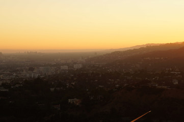 The city of Los Angeles at sunset seen from Griffith Observatory, California, United States                                                              