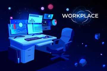 Workplace with computer table, Pc monitors and armchair, office desk or home working place for businessman, analyst or freelancer, neon glowing futuristic background Cartoon vector Illustration banner