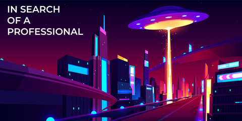 Ufo hiring at night city, search professional, alien spaceship flying above skyscrapers and empty road in megapolis lighting with bright ray, human resourse, recruitment hr Cartoon vector Illustration