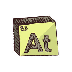 Vector three-dimensional hand drawn chemical gray-yellow symbol of radioactive astatine with an abbreviation At from the periodic table of the elements isolated on a white background