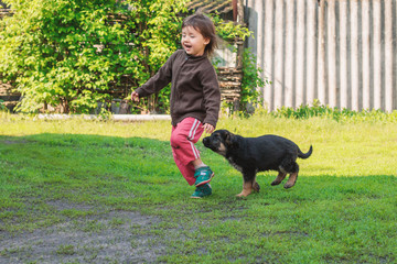 Happy girl playing with dog active game on lawn, village, day, open air